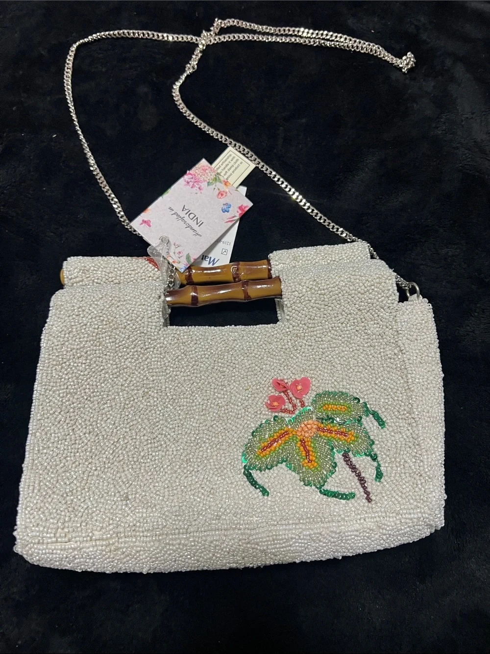 White Beaded Tropical Parrot Crossbody Bag with Bamboo Handle